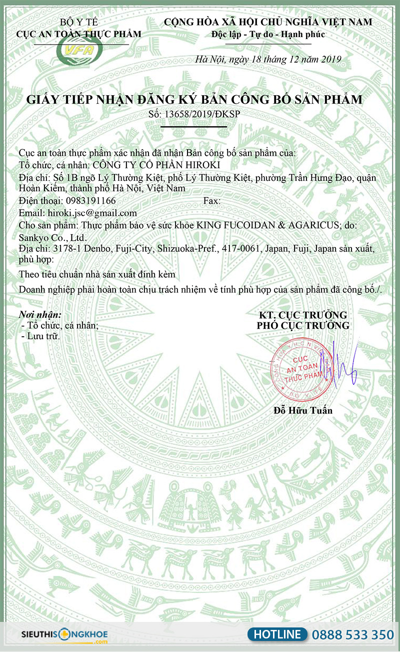 giấy chứng nhận king fucoidan & agaricus
