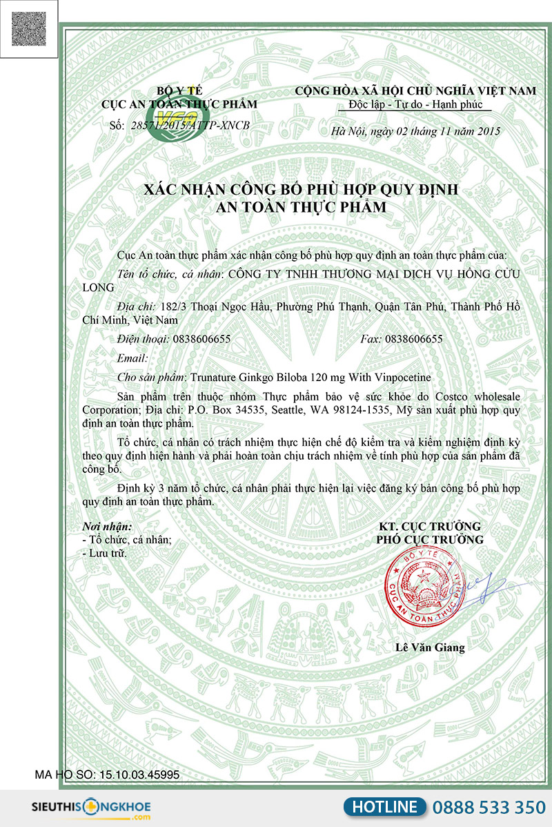 giấy chứng nhận TruNature Ginkgo Biloba