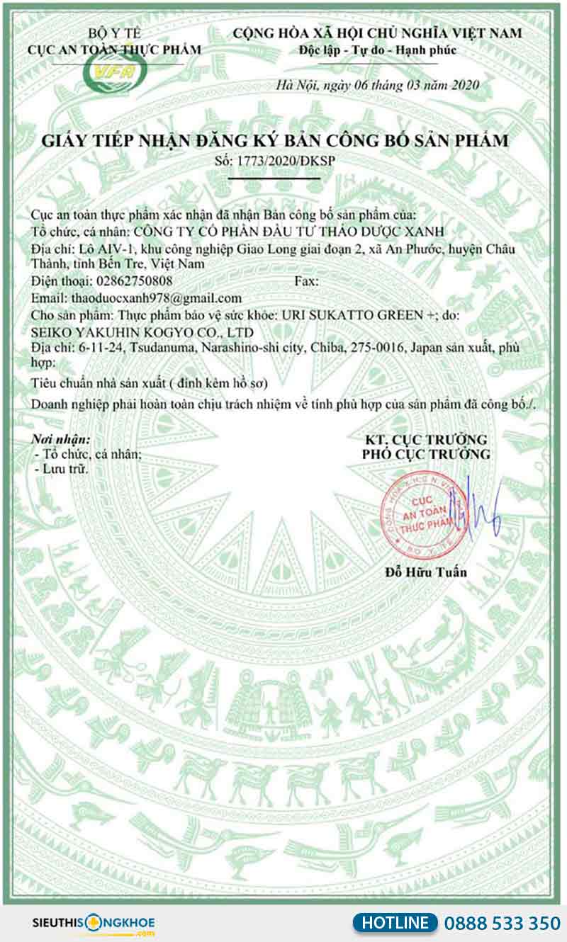 giấy chứng nhận uri sukatto green+