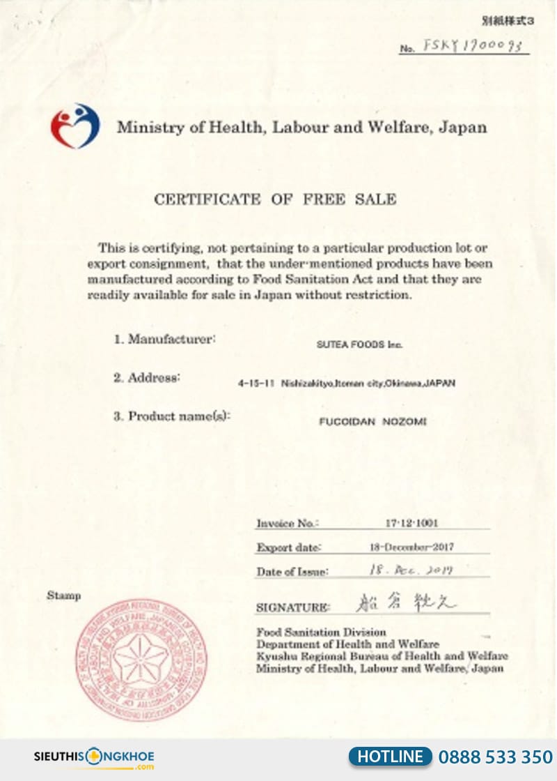 giấy chứng nhận của mozuku fucoidan nozomi