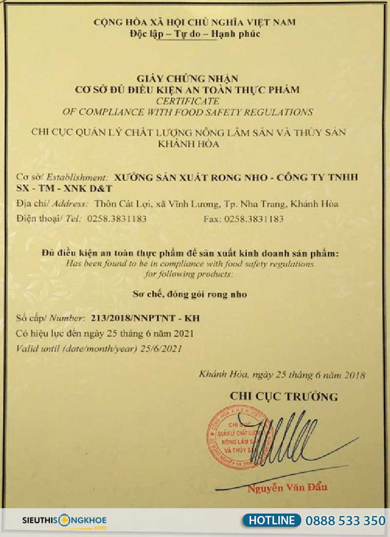 giấy chứng nhận của rong nho sabudo