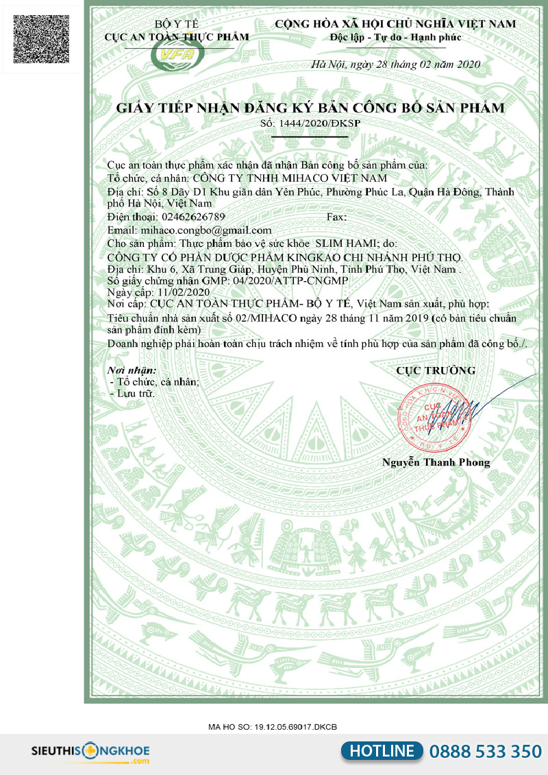 giấy chứng nhận viên sủi slim hami