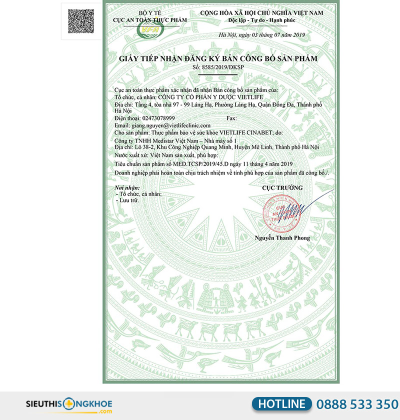 giấy chứng nhận viên uống cinabet