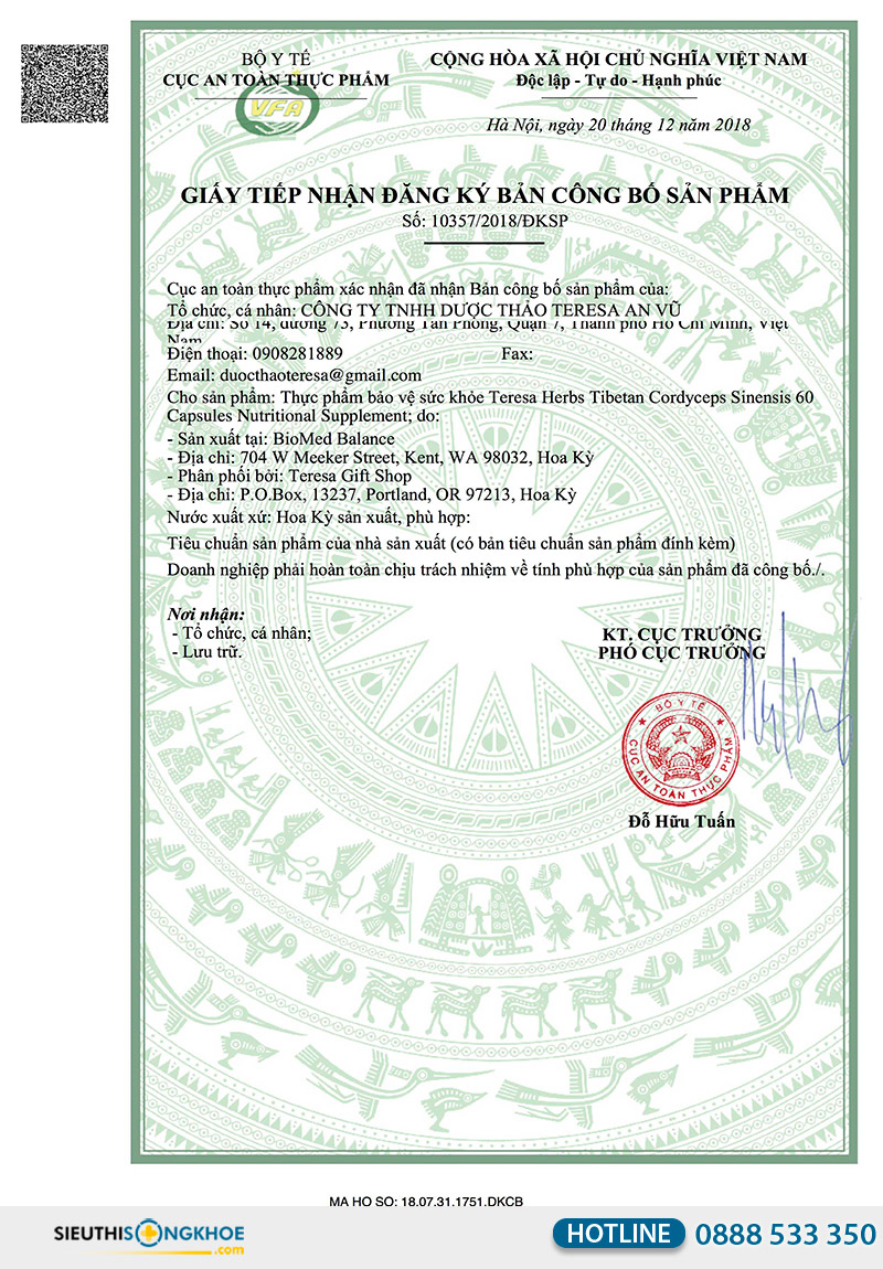 giấy chứng nhận tibetan cordyceps sinensis