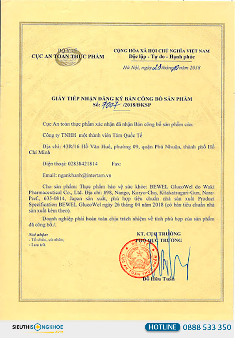 giấy chứng nhận waki bewel glucowel