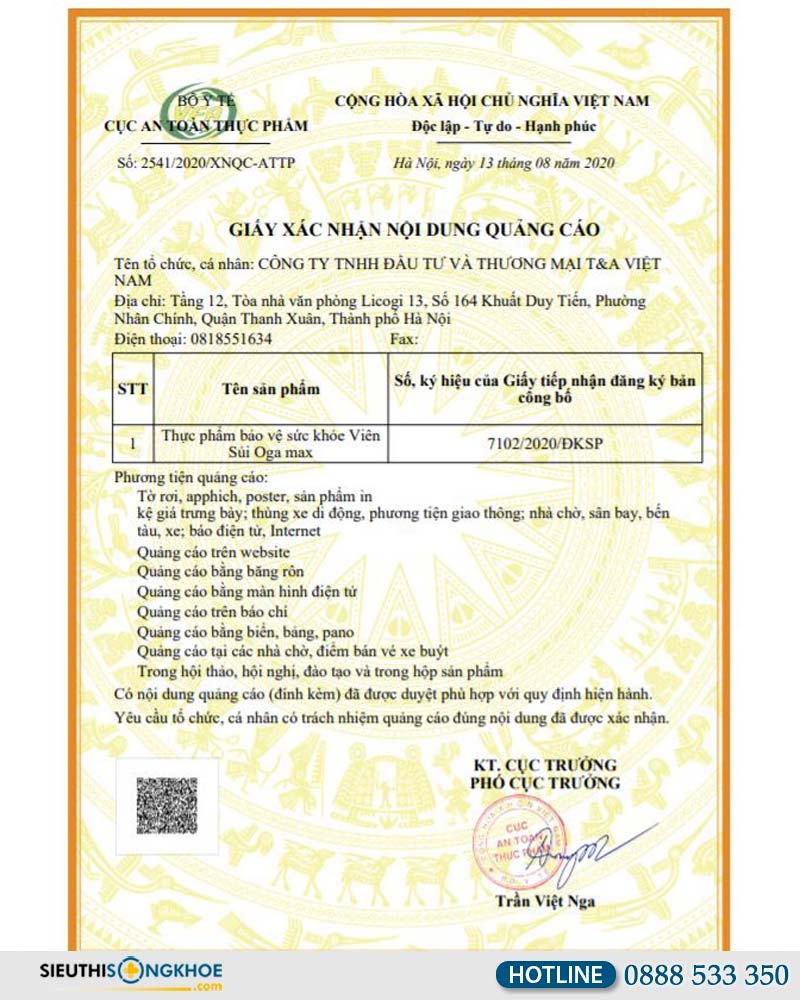 giấy chứng nhận bộ y tế viên sủi oga max
