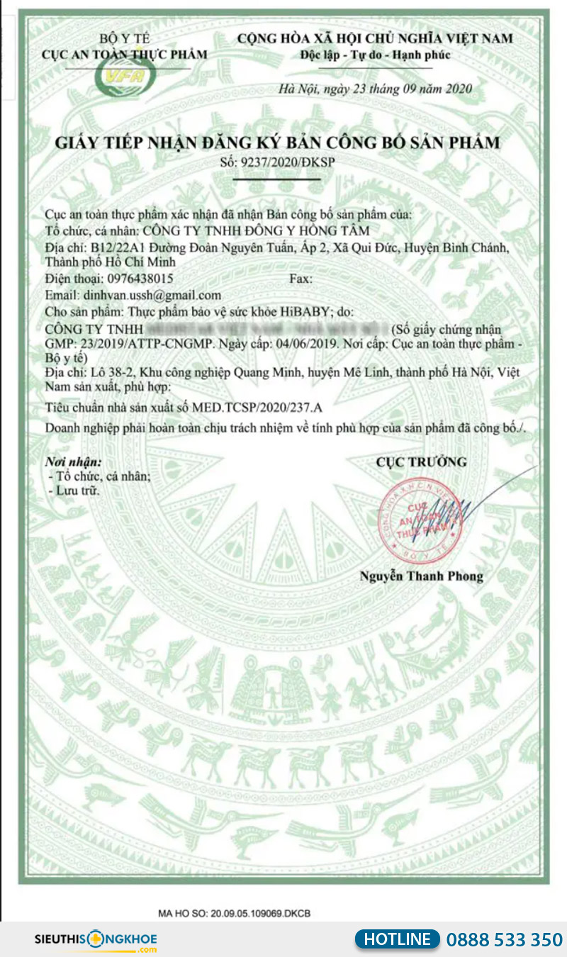 giấy chứng nhận siro hibaby