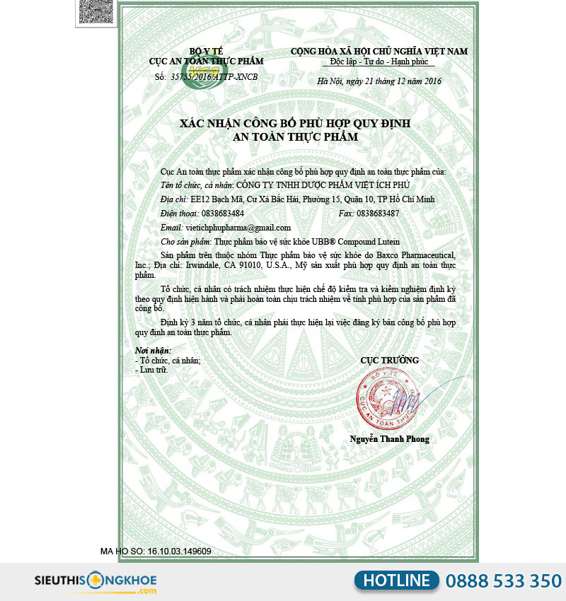 giấy chứng nhận của viên uống ubb compound lutein