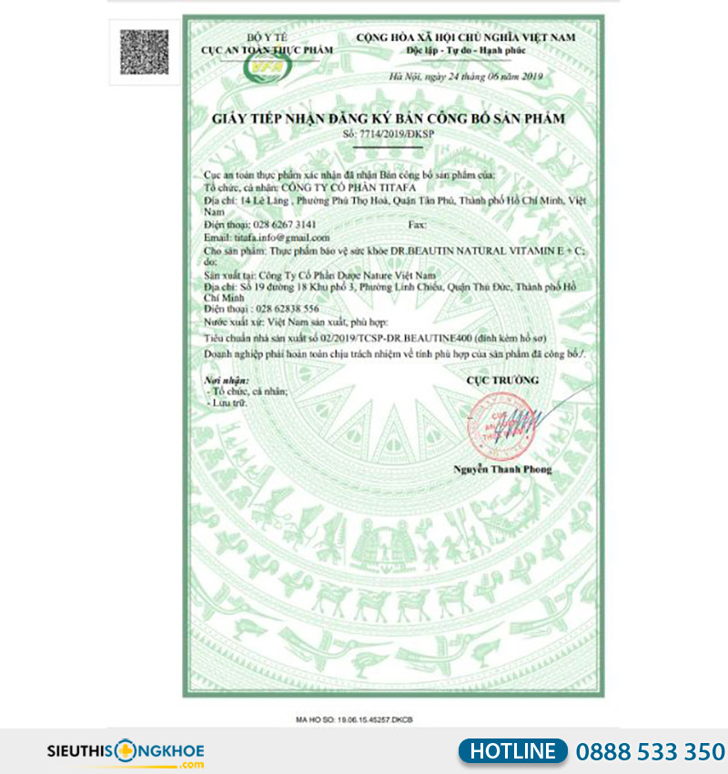 giấy chứng nhận của dr.beautin natural vitamin c & e