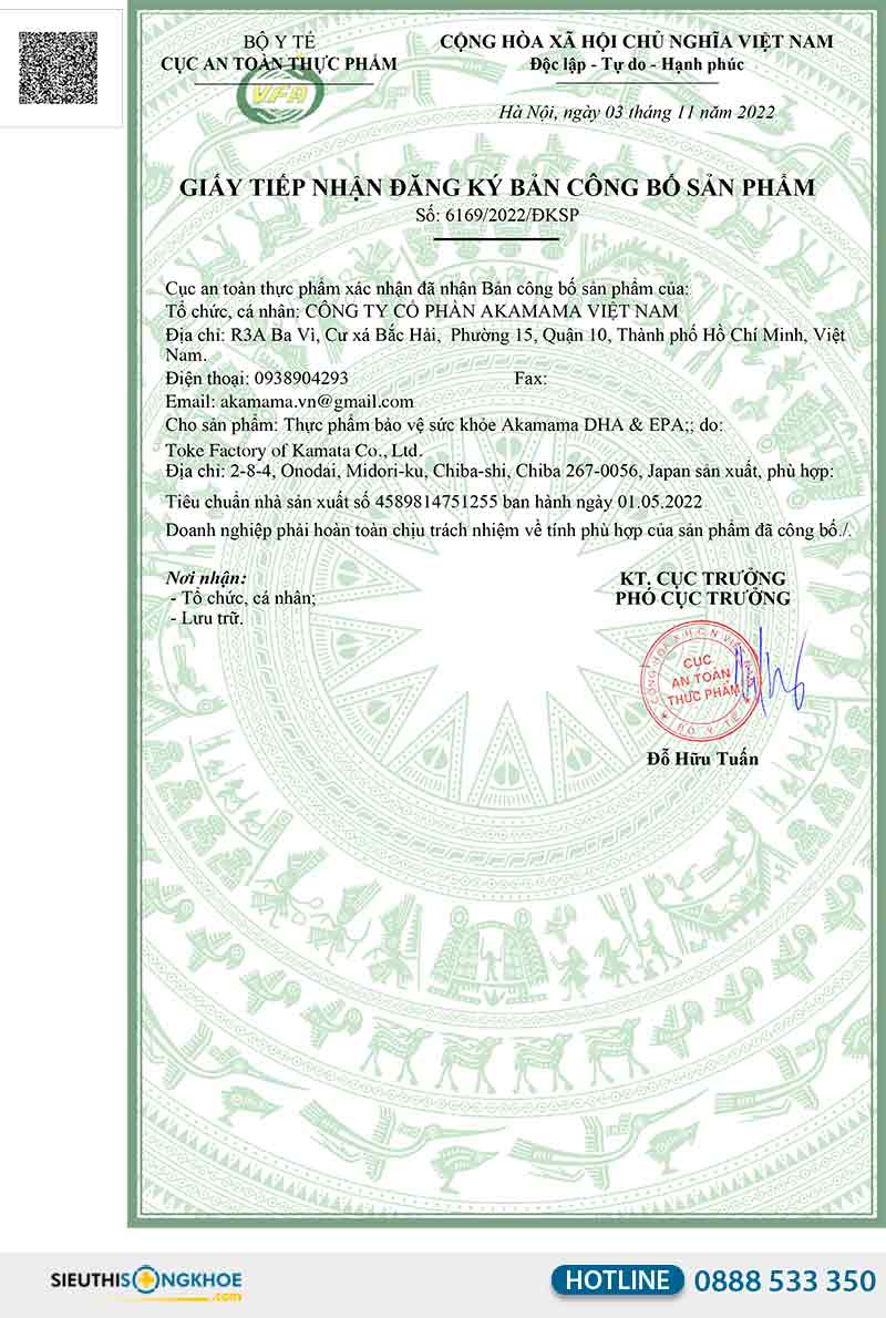 giấy chứng nhận akamama dha & epa