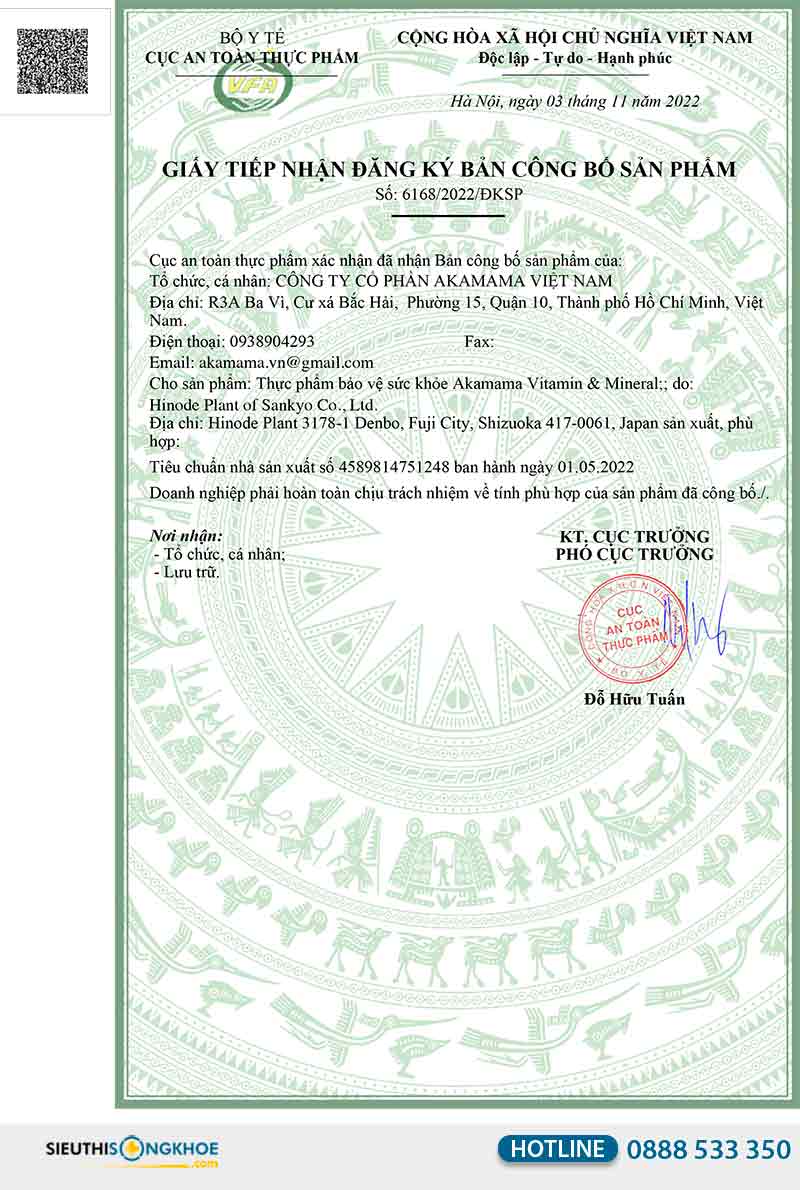 giấy chứng nhận của akamama vitamin & mineral