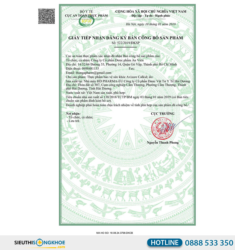 giấy chứng nhận của avisure calkid