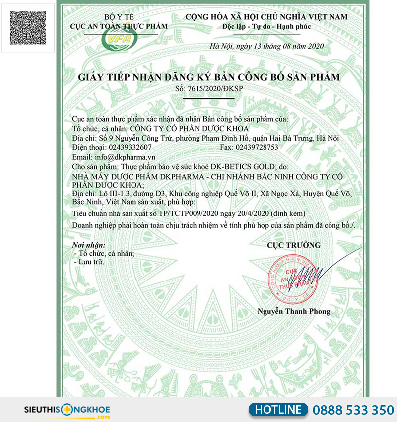 giấy chứng nhận của dk betics gold
