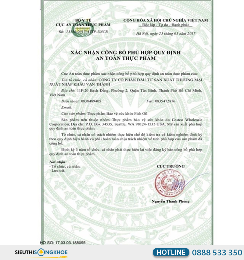 giấy chứng nhận của kirkland wild alaskan fish oil 1400mg