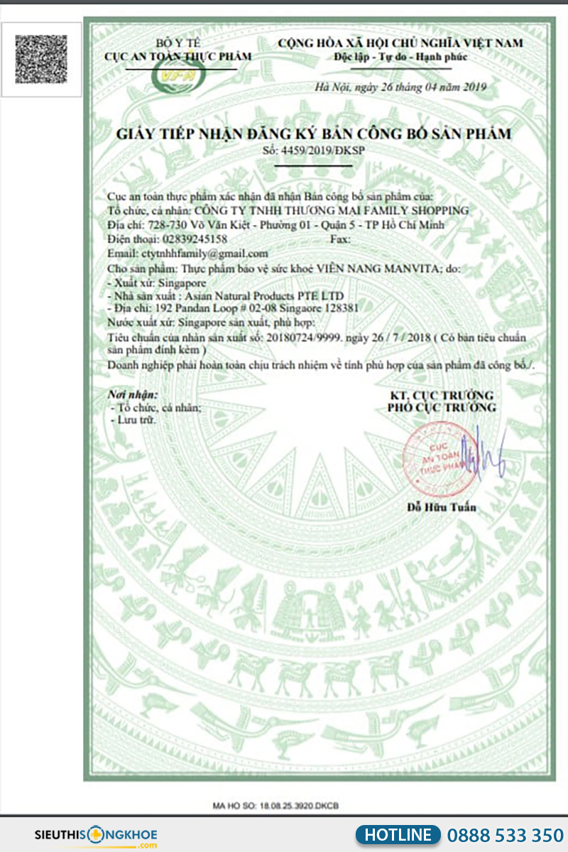 giấy chứng nhận của manvita