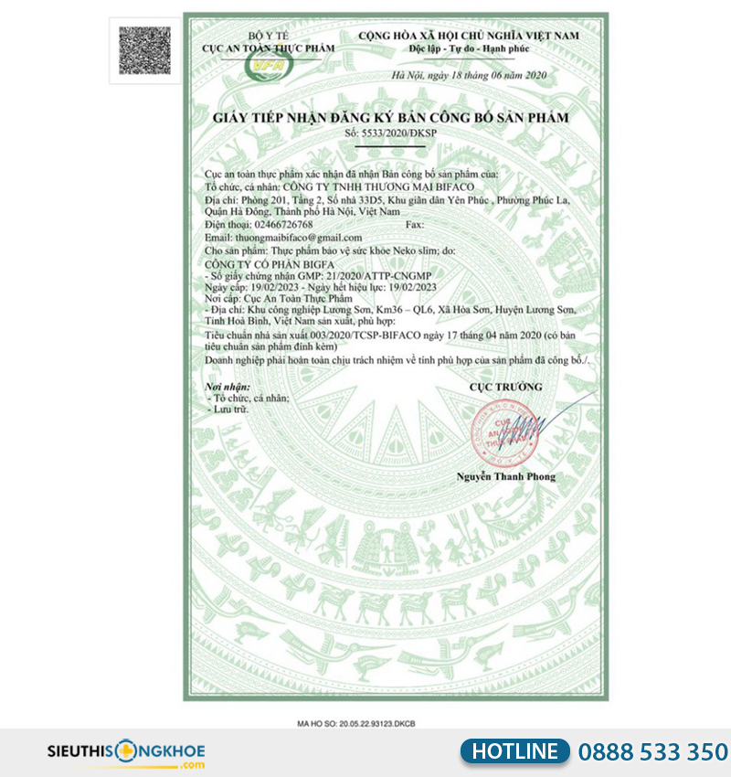 giấy chứng nhận của neko slim
