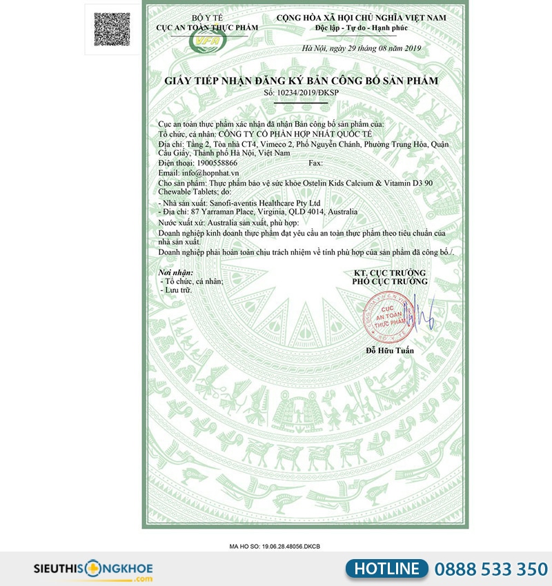 giấy chứng nhận của ostelin kids calcium & vitamin d3