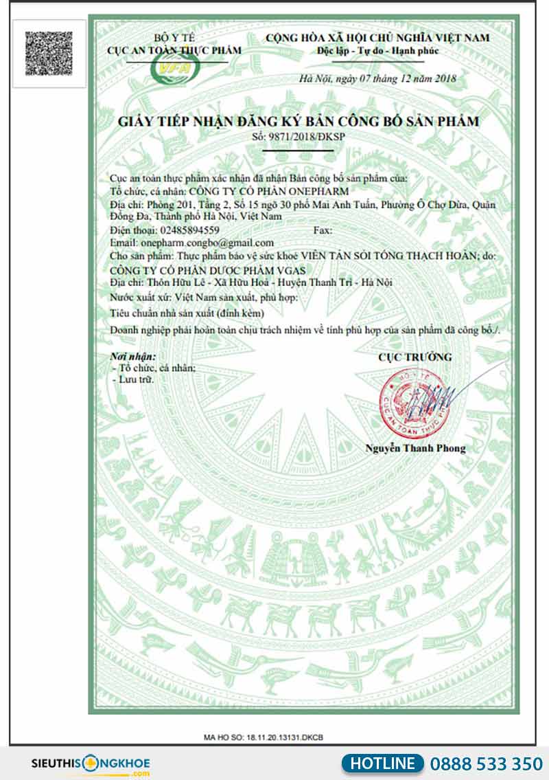 giấy chứng nhận của tống thạch hoàn