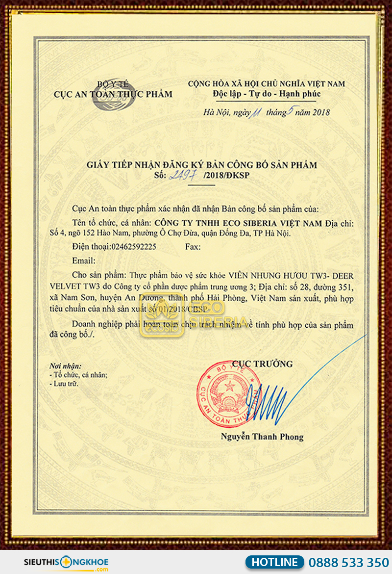 giấy chứng nhận của viên nhung hươu tw3