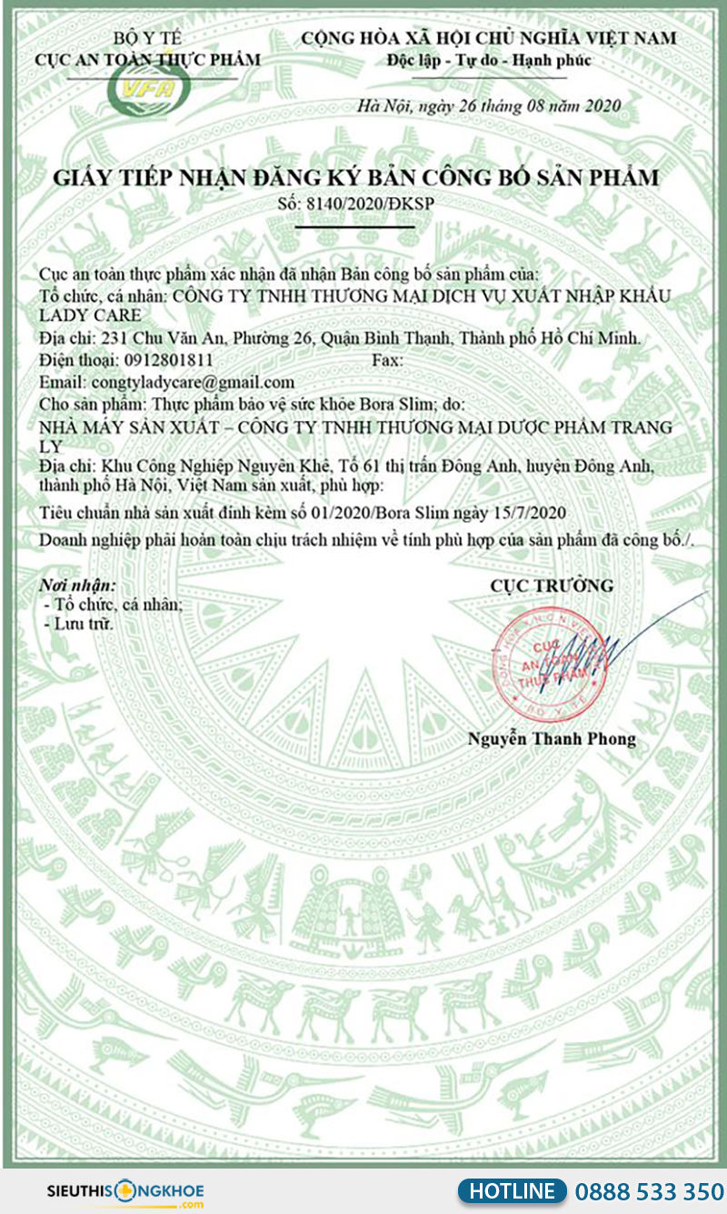 giấy chứng nhận của viên sủi bora slim