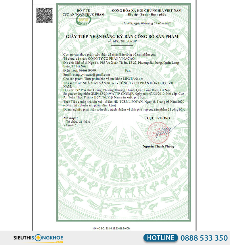 giấy chứng nhận của viên uống lipotan