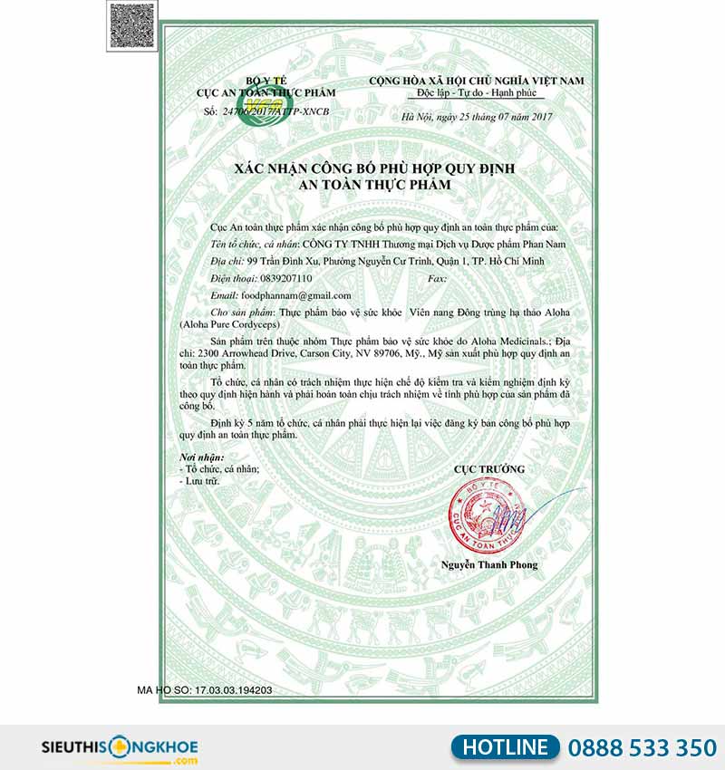 giấy chứng nhận viên nang đông trùng hạ thảo aloha