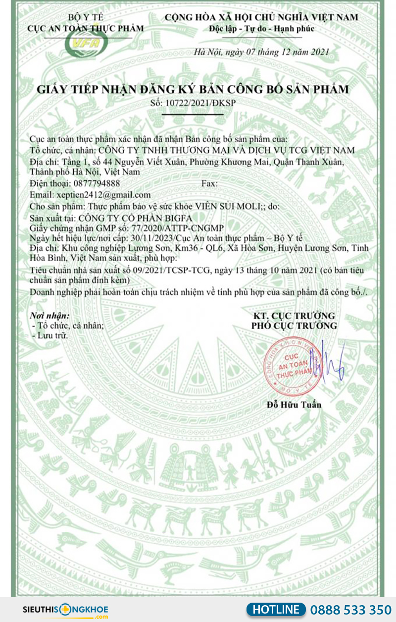 giấy chứng nhận viên sủi moli