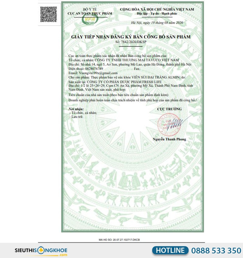 giấy chứng nhận của viên sủi almin