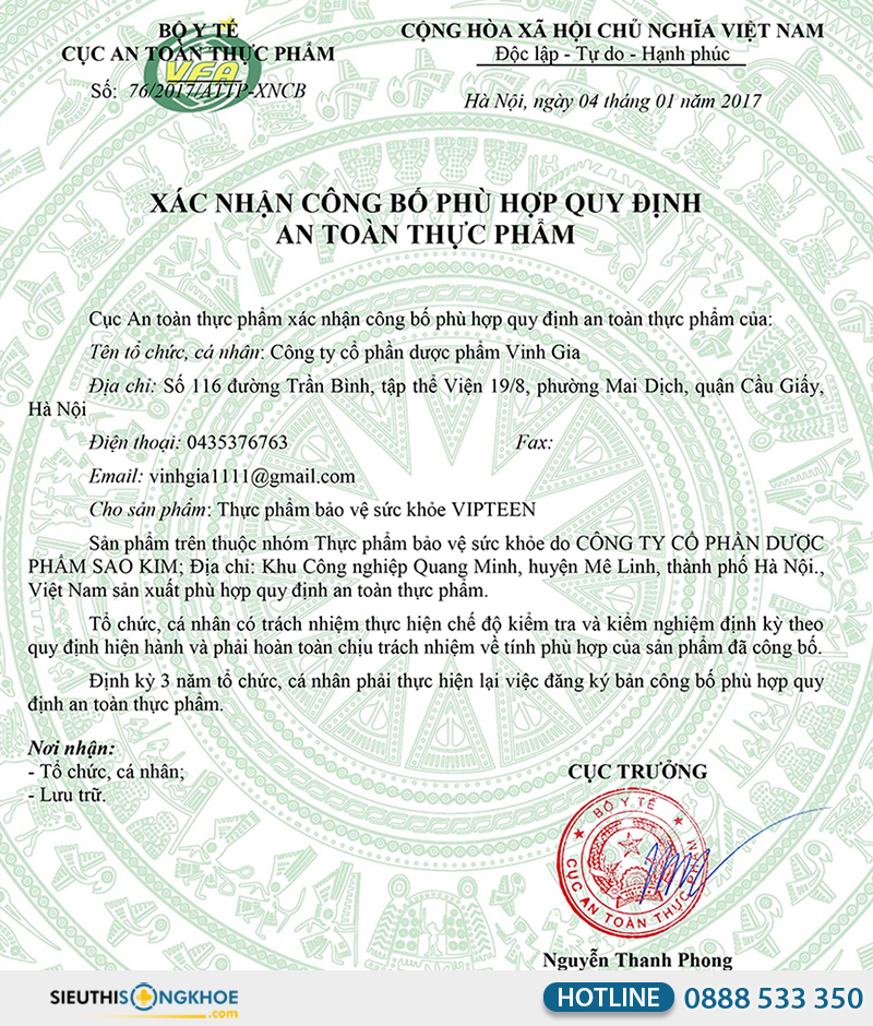 giấy chứng nhận của vipteen vinh gia