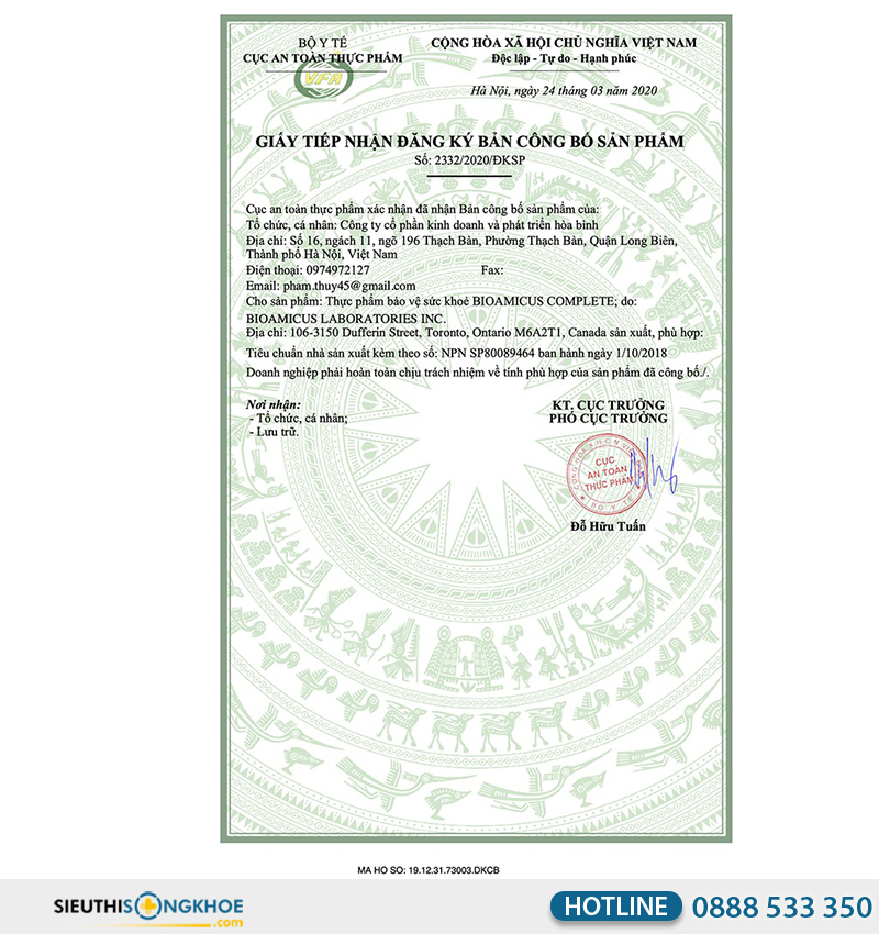 giấy chứng nhận của bioamicus complete