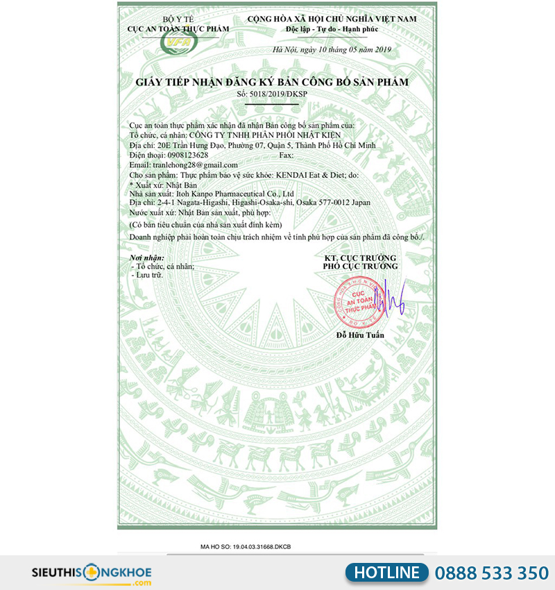 giấy chứng nhận của kendai eat & diet