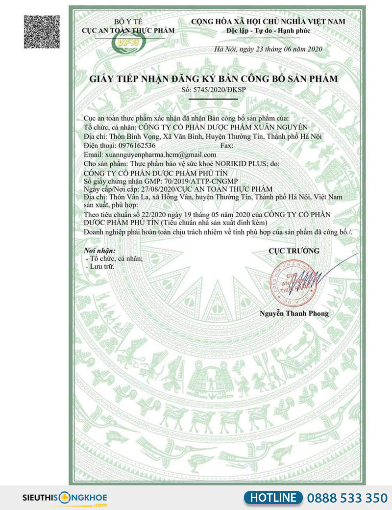 giấy chứng nhận của norikid plus