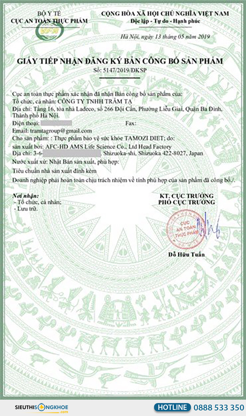 giấy chứng nhận của tamozi diet