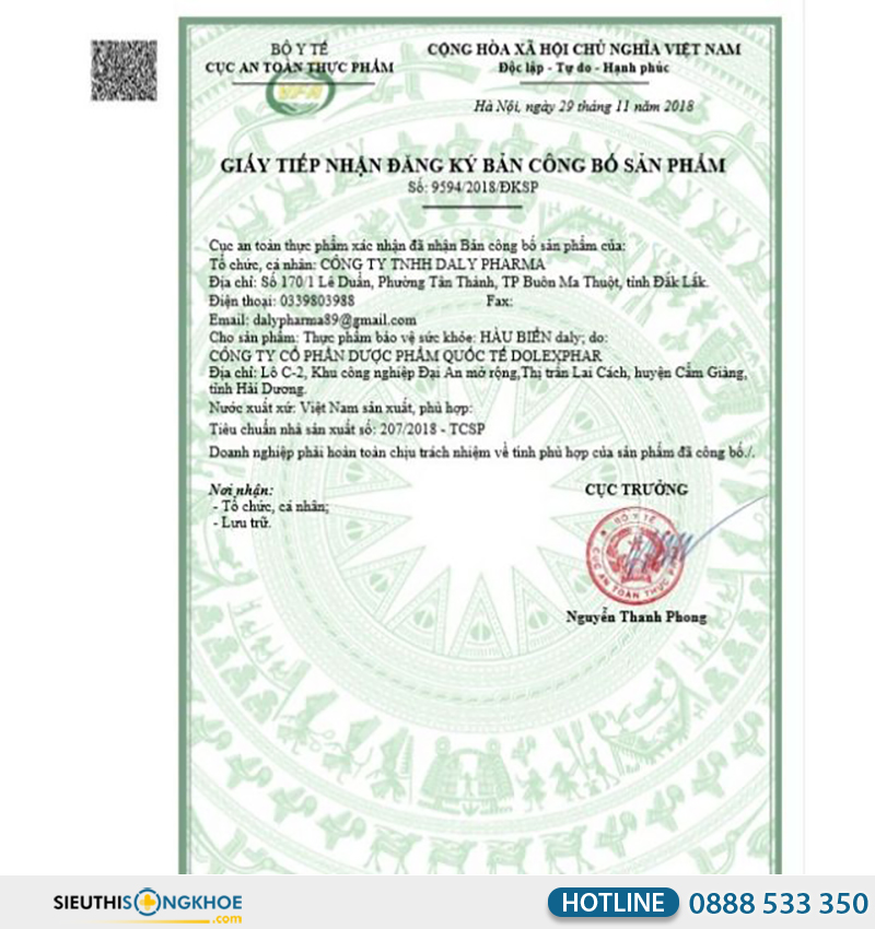 giấy chứng nhận của hàu biển daly