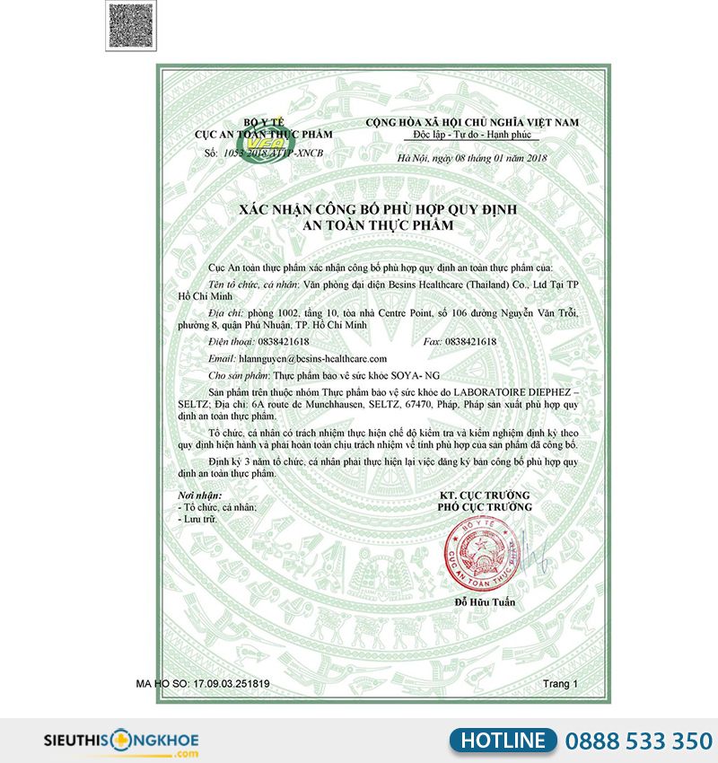 giấy chứng nhận của viên uống soya-ng