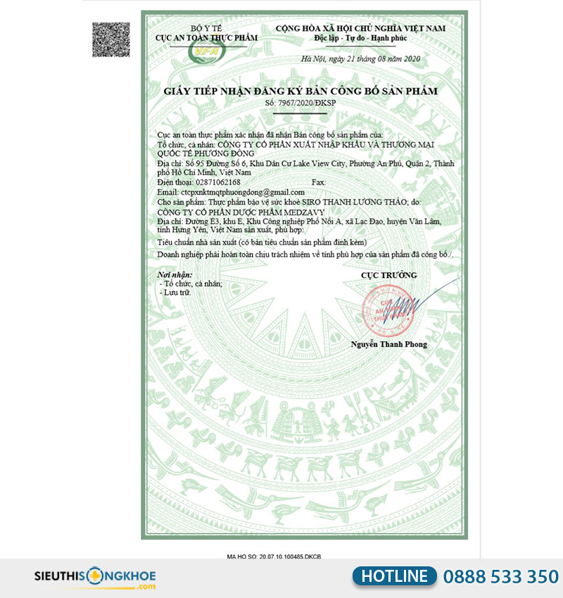 giấy chứng nhận của combo thanh lương thảo