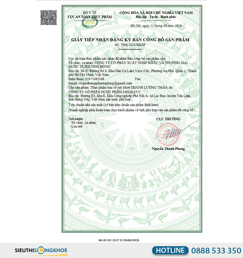 giấy chứng nhận của combo combo thanh lương thảo