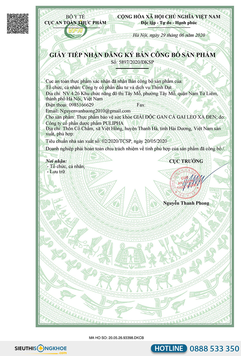 giấy chứng nhận của giải độc gan cà gai leo xạ đen
