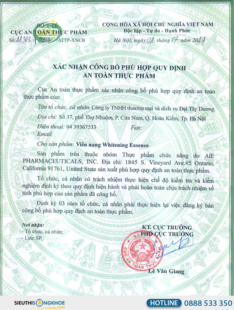 giấy chứng nhận của primo whitening essence