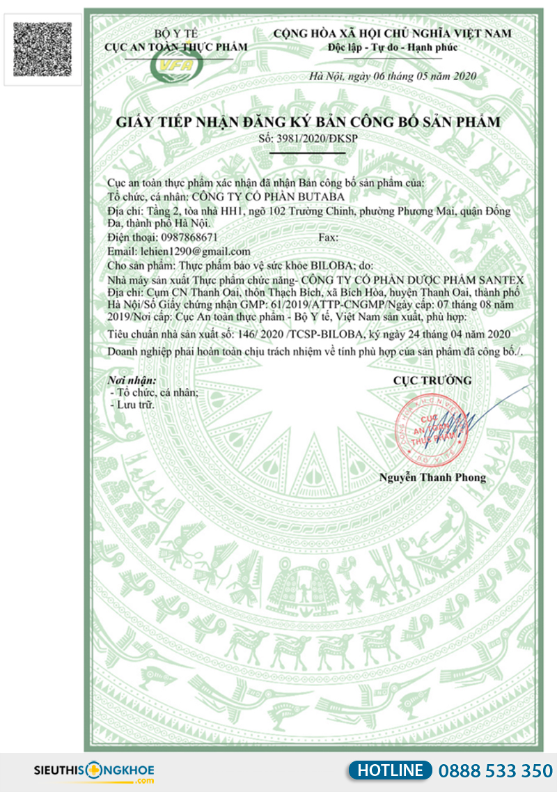 giấy chứng nhận của viên sủi biloba