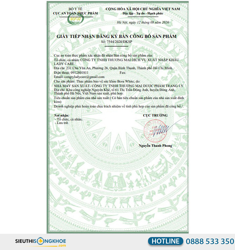 giấy chứng nhận của viên sủi bora white