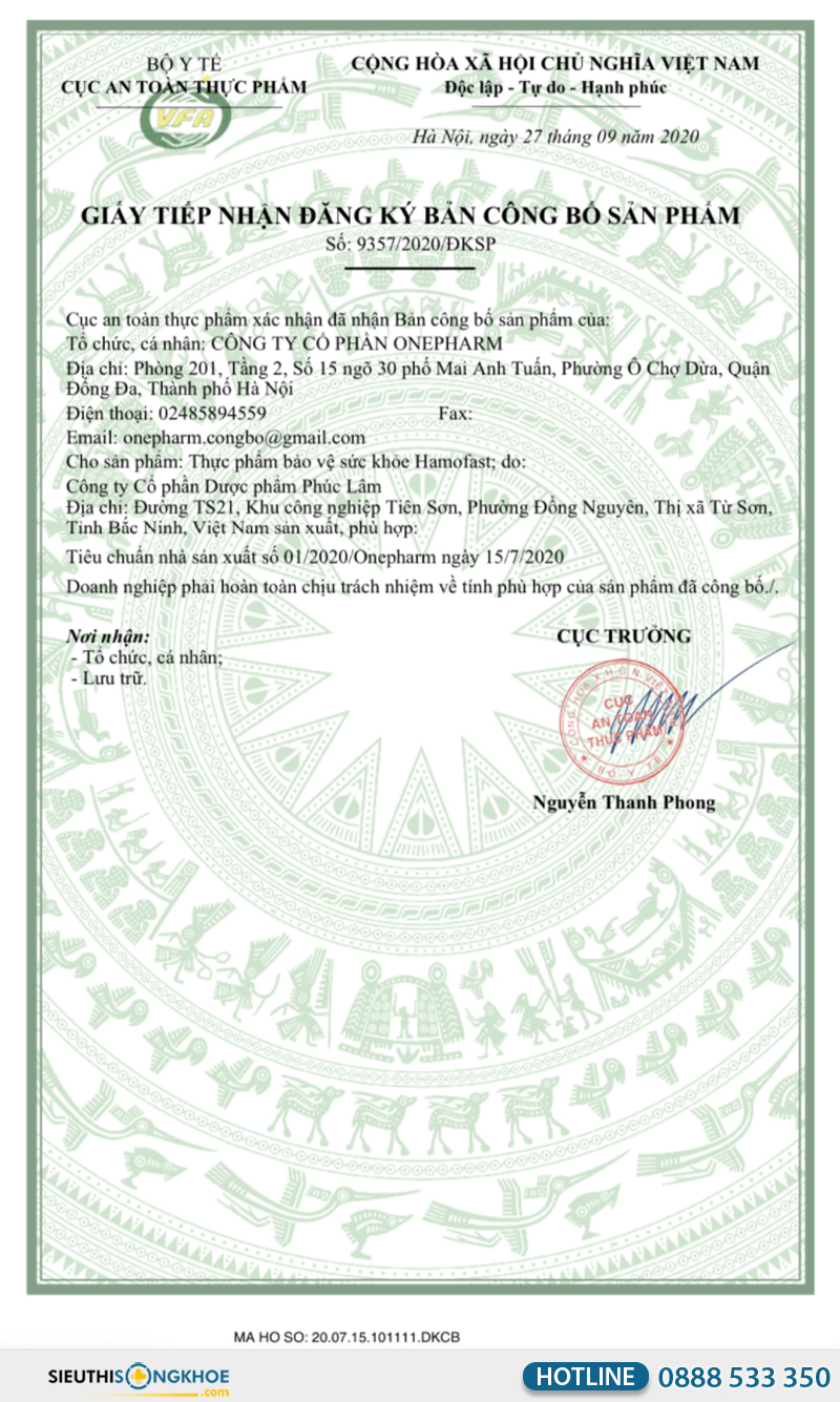 giấy chứng nhận của viên sủi hamofast