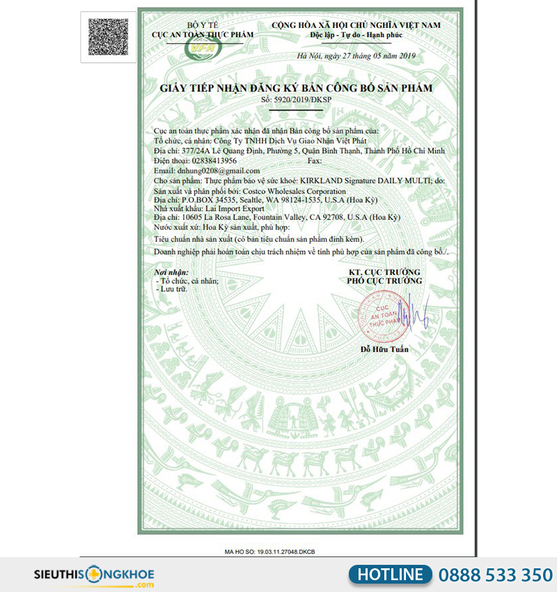 giấy chứng nhận của kirkland signature daily multi vitamin & minerals