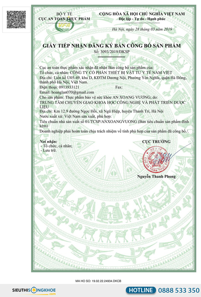 giấy chứng nhận của viên uống an xoang vương