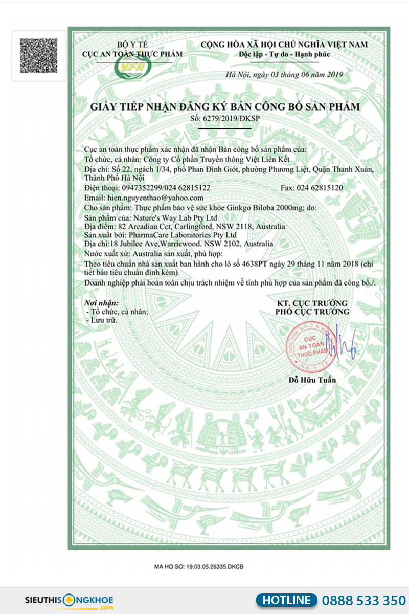 giấy chứng nhận của nature's way high strength ginkgo biloba 2000mg