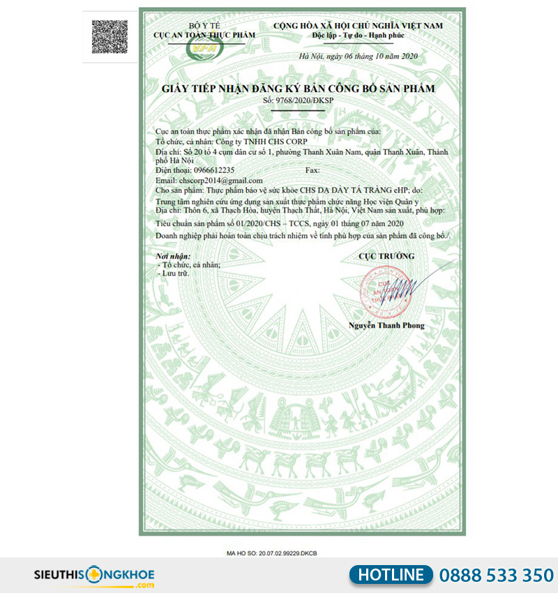 giấy chứng nhận của dạ dày tá tràng ehp