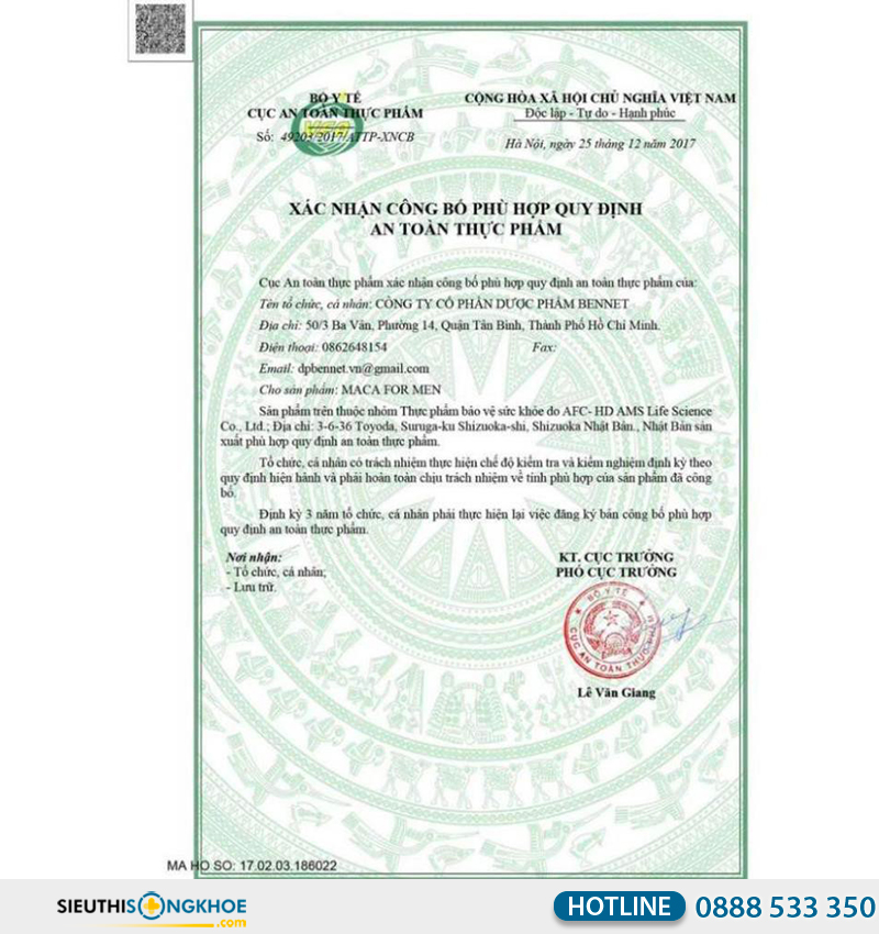 giấy chứng nhận của swanson maca