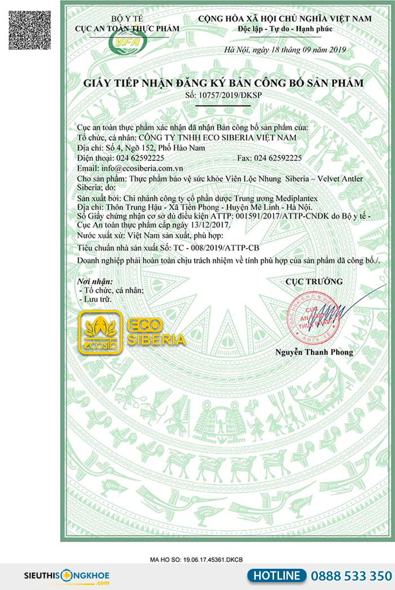 giấy chứng nhận của viên lộc nhung siberia