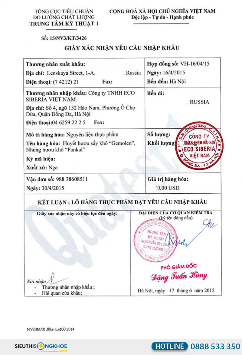 giấy xác nhận yêu cầu nhập khẩu của nhung hươu khô pankal