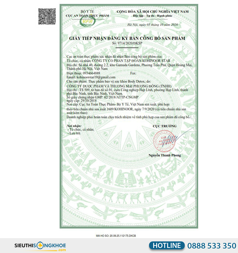 giấy chứng nhận của body detox kohinoor